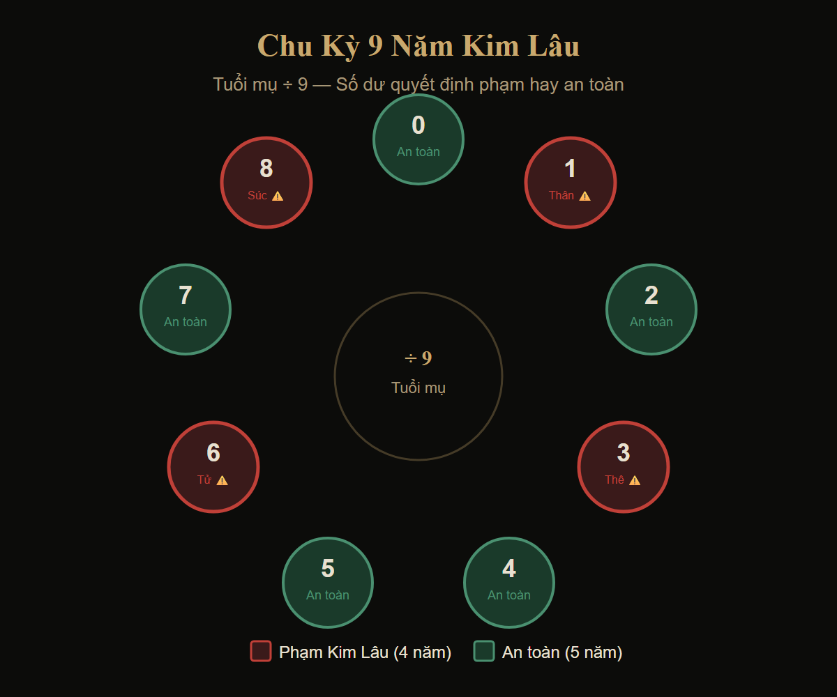 Sơ đồ vòng tròn 9 năm Kim Lâu — 4 năm phạm, 5 năm an toàn