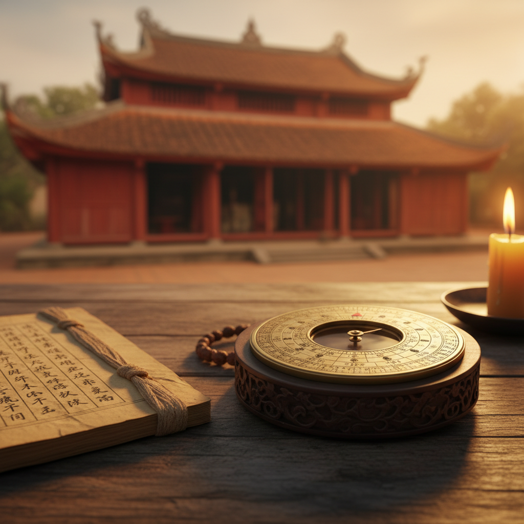 La bàn phong thủy trên bàn gỗ cổ cạnh sách Hán tự — minh họa bài Kim Lâu Là Gì