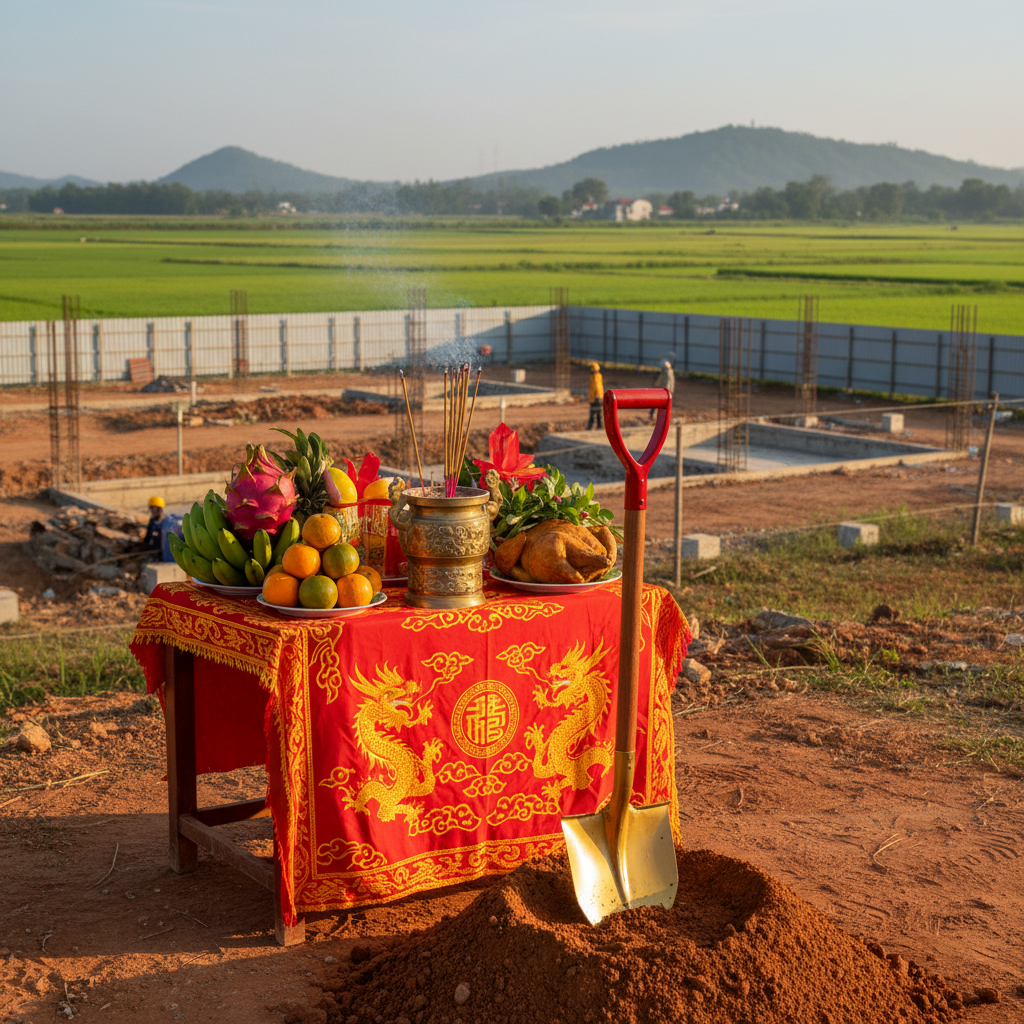 Nghi lễ động thổ xây nhà truyền thống Việt Nam với bàn cúng, hương nến