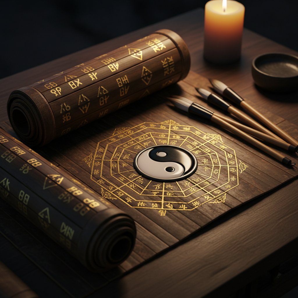 Cuốn sách Kinh Dịch cổ với 64 quẻ và biểu tượng Bát Quái trên nền trúc