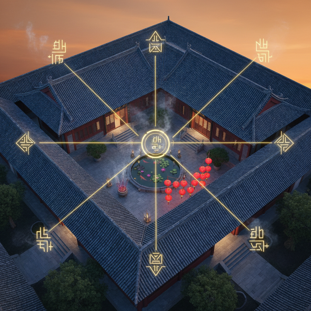 Sân nhà truyền thống Trung Hoa với bố cục phong thủy theo Bát Quái