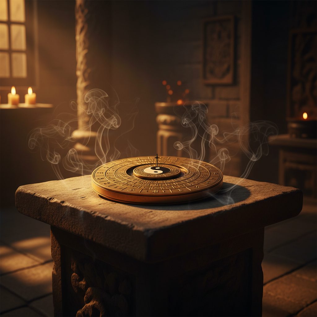 La bàn phong thủy và bàn Kỳ Môn Độn Giáp cổ đại trên bàn gỗ