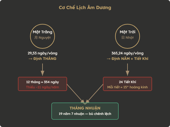 Sơ đồ cơ chế lịch Âm Dương — Mặt Trăng định tháng, Mặt Trời định năm, tháng nhuận bù chênh lệch