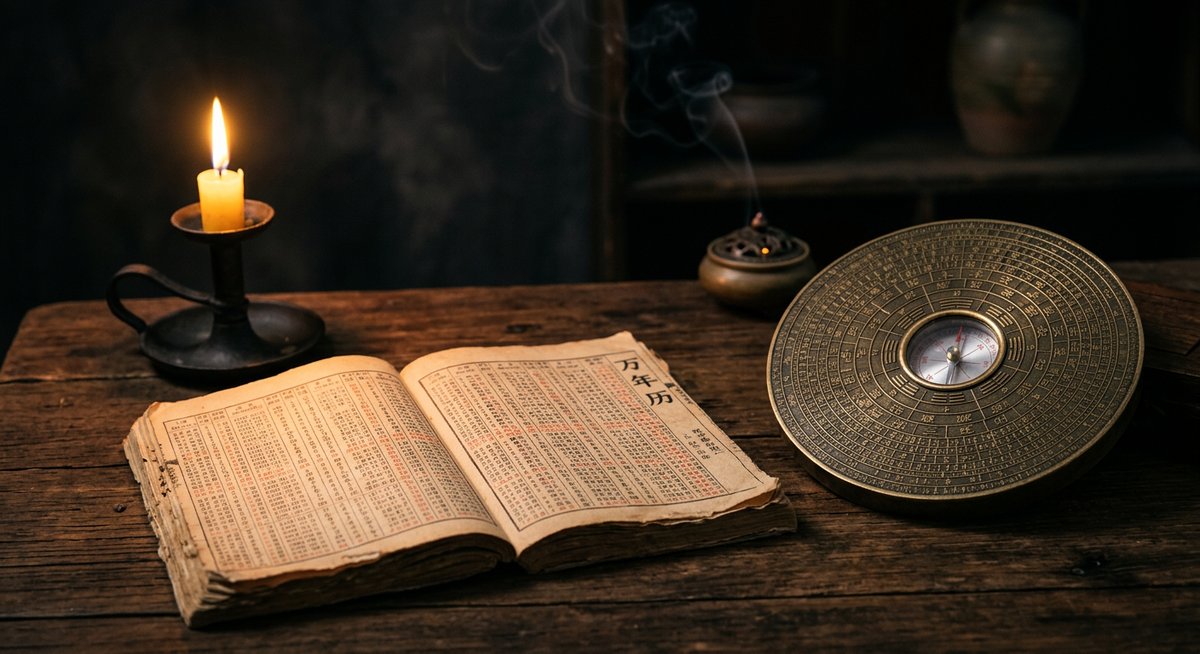 Cuốn lịch vạn niên cổ mở trên bàn gỗ cạnh la bàn phong thủy