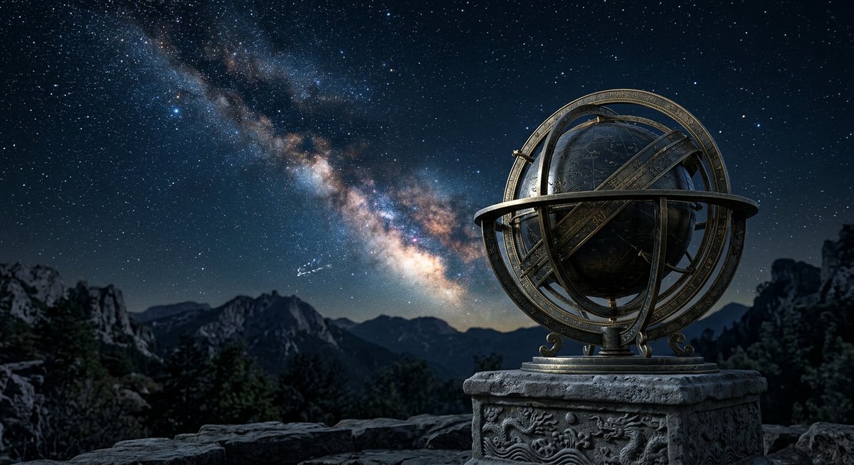 Bầu trời đêm với chòm sao và la bàn thiên văn cổ đại