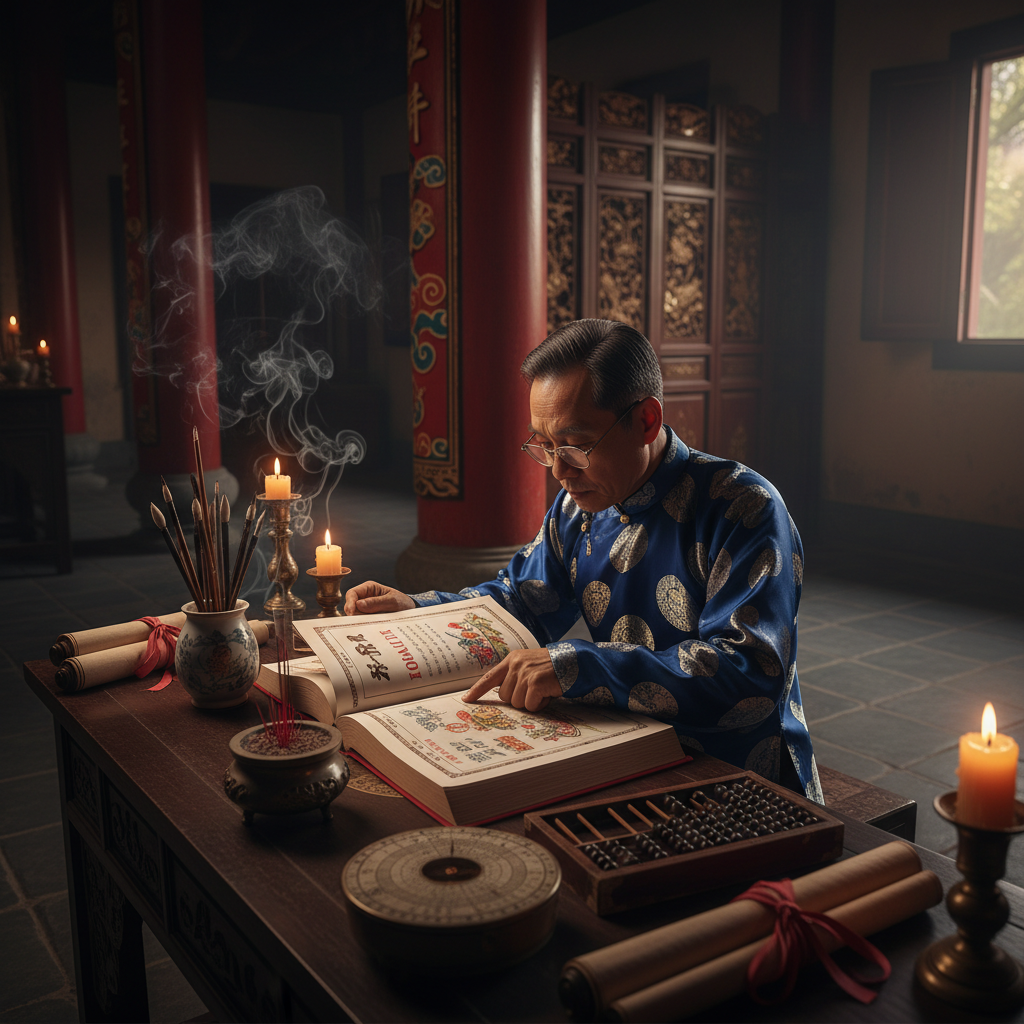 Học giả Việt Nam tra cứu Hoàng Lịch với la bàn và bàn tính