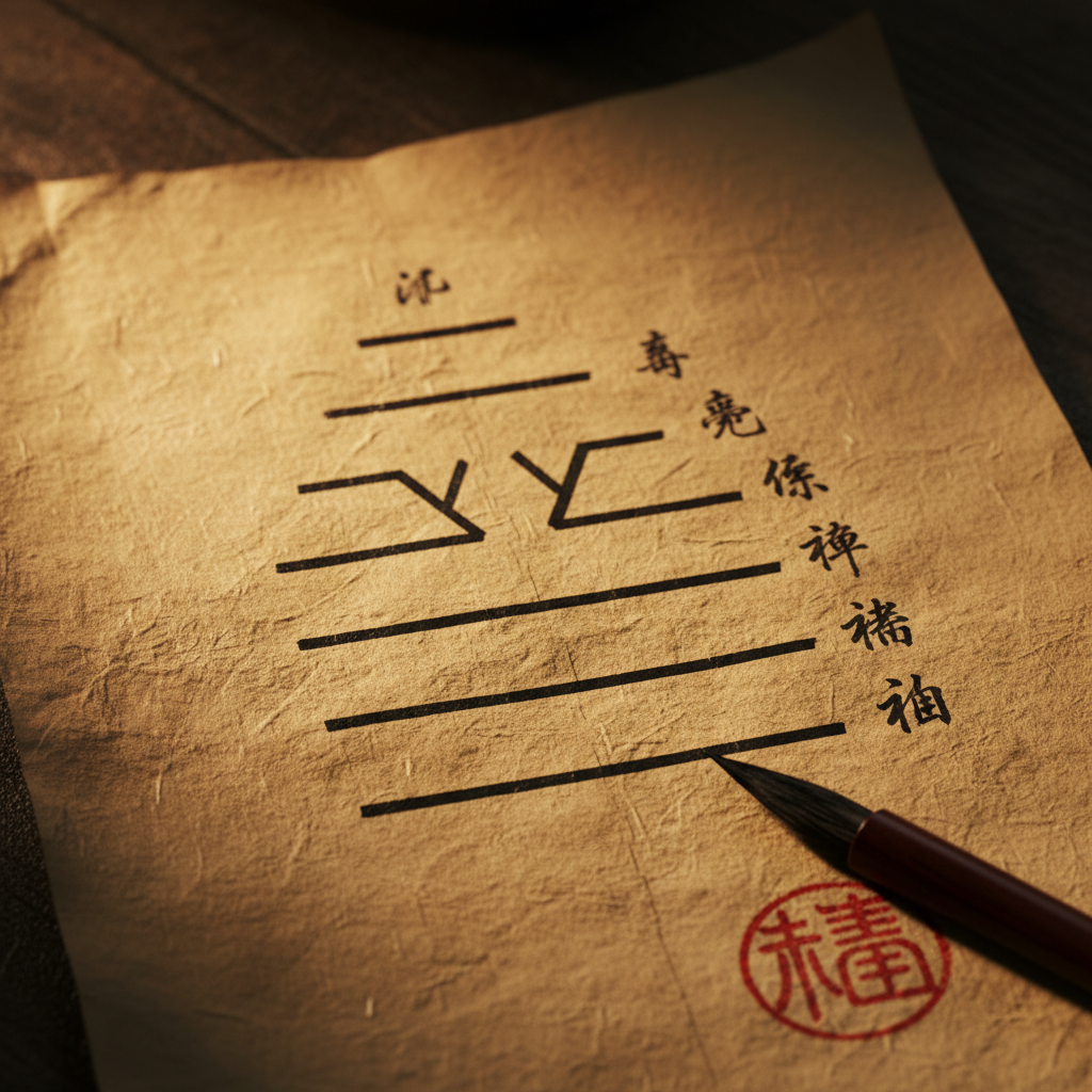 Bàn tung xu cổ với giấy ghi Lục Hào bên cạnh