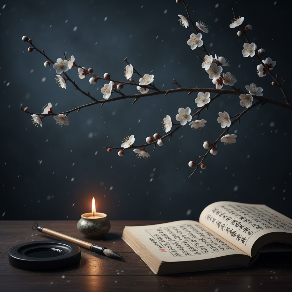Cành mai hoa với sách Kinh Dịch cổ và bàn tính