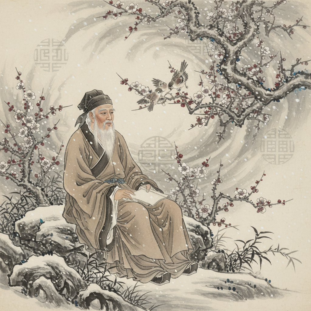 Thiệu Ung ngắm cành mai hoa trong vườn — tranh thủy mặc
