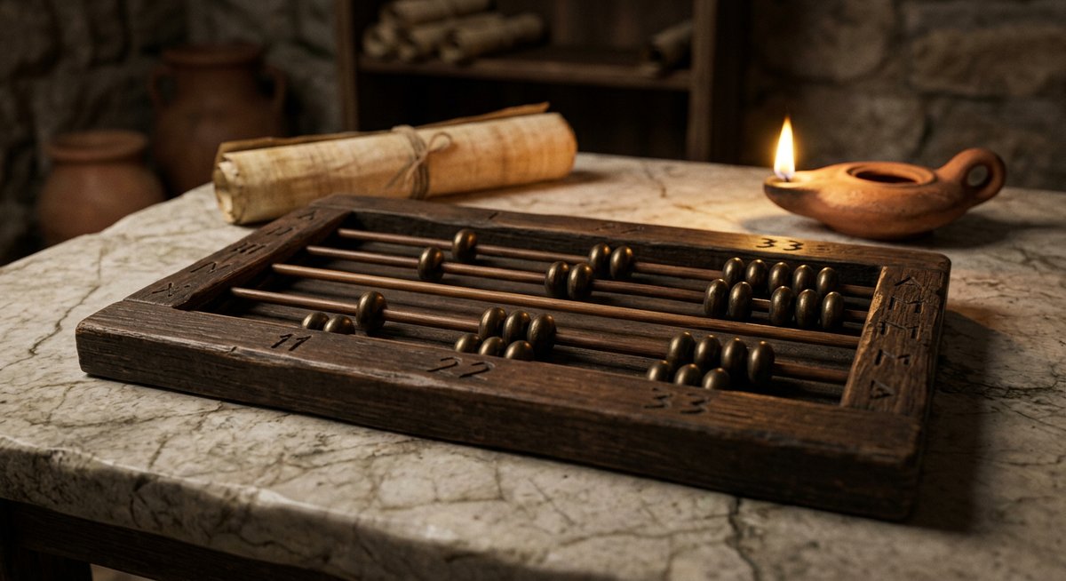 Bàn toán cổ Hy Lạp với ba con số 11 22 33 trên bề mặt gỗ, ánh sáng vàng ấm