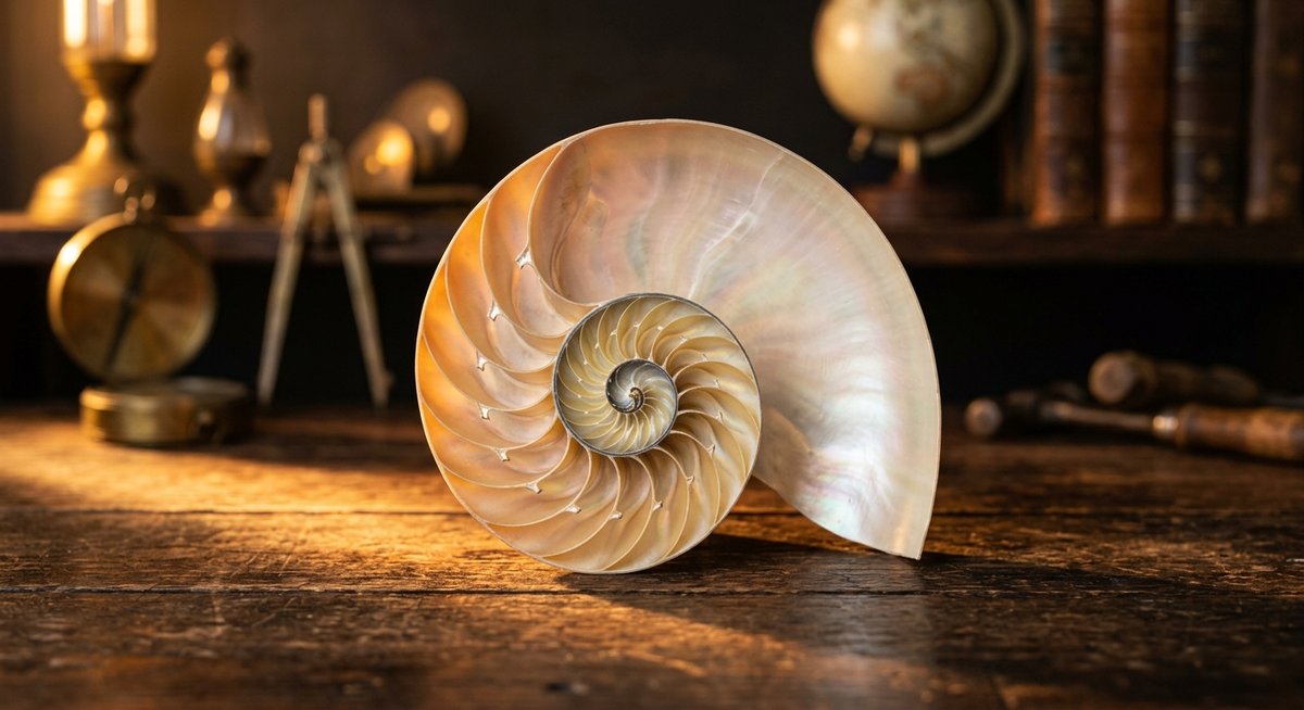 Spiral Fibonacci trong thiên nhiên, vỏ ốc nautilus, ánh sáng vàng ấm