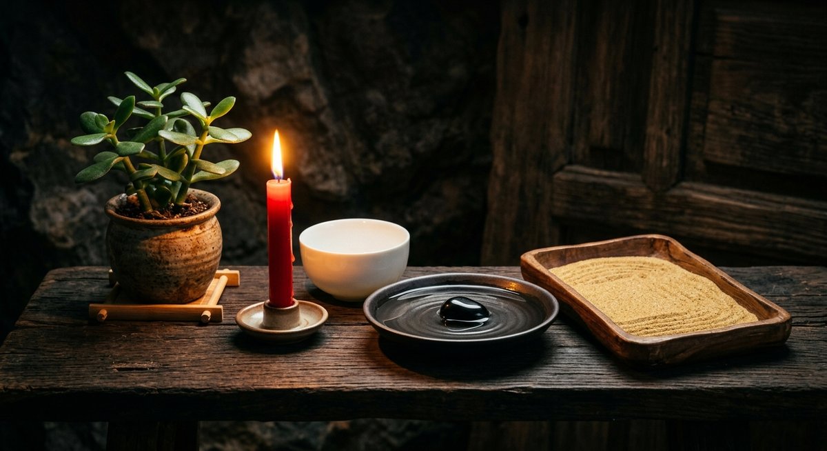 Năm nguyên tố phong thủy trên bàn thờ gỗ: nến đỏ, cây ngọc bích, bát sứ trắng, đá obsidian trong nước, khay cát vàng