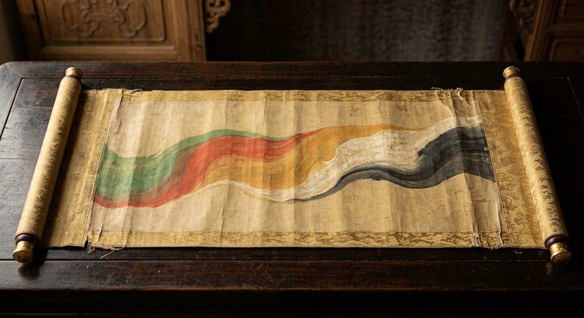 Cuộn lụa cổ Trung Hoa với 5 dải màu xanh đỏ vàng trắng đen đại diện Ngũ Hành