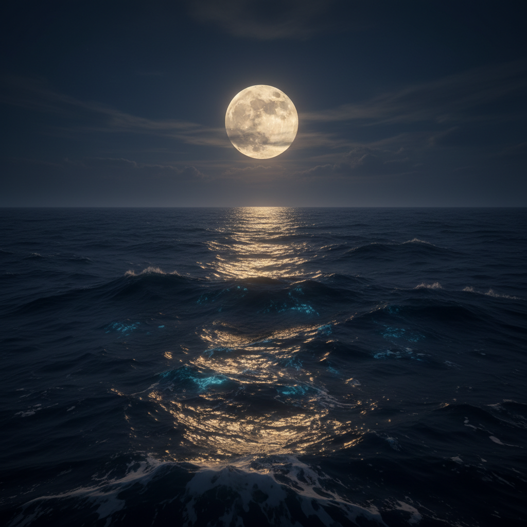 Mệnh Đại Hải Thủy — đại dương bao la dưới ánh trăng, sóng cuộn bao trùm trời đất