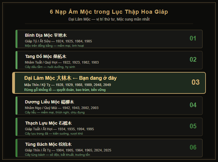 Sơ đồ 6 loại nạp âm Mộc và vị trí Đại Lâm Mộc