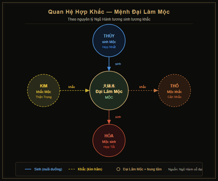 Sơ đồ quan hệ hợp khắc của mệnh Đại Lâm Mộc với các mệnh khác