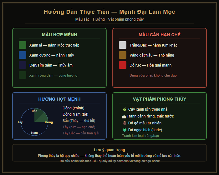 Sơ đồ màu sắc, hướng và vật phẩm hợp mệnh Đại Lâm Mộc