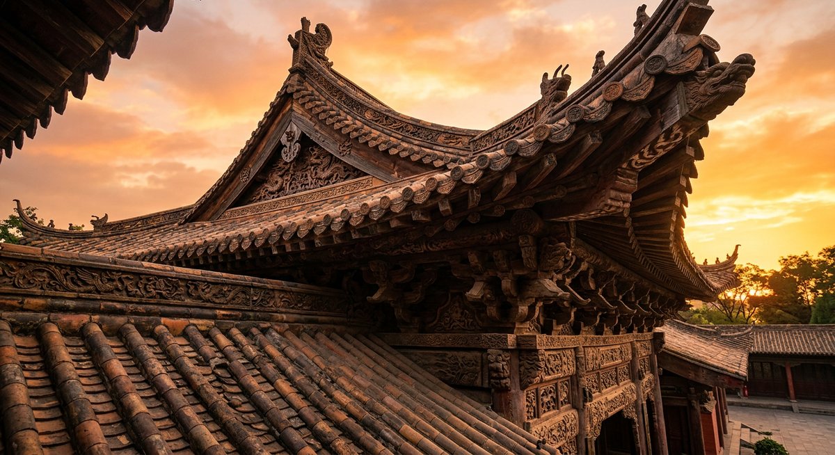 Mệnh Ốc Thượng Thổ — mái nhà ngói cổ dưới bầu trời hoàng hôn