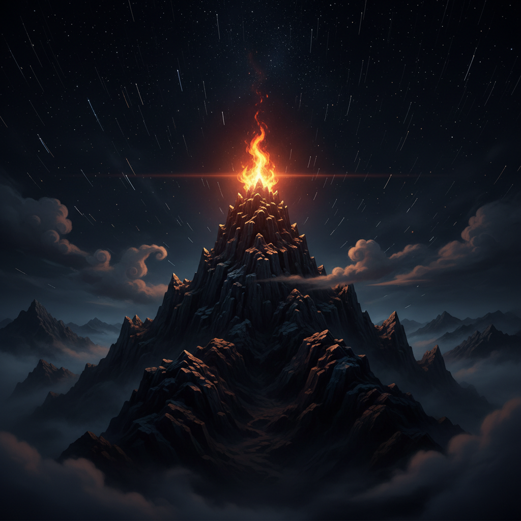 Ngọn lửa cháy trên đỉnh núi cao trong đêm tối — biểu tượng Mệnh Sơn Đầu Hỏa