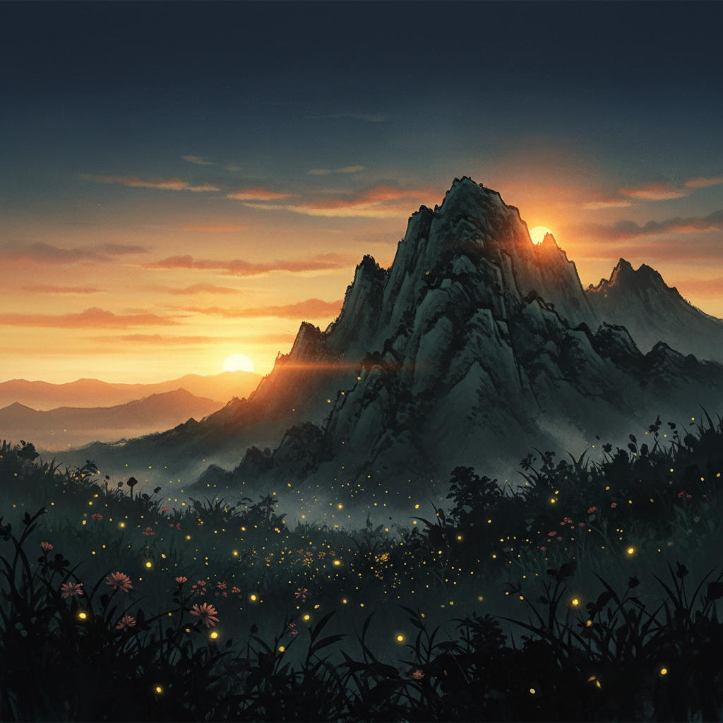 Mệnh Sơn Hạ Hỏa — ánh lửa dịu dàng dưới chân núi lúc hoàng hôn, đom đóm bay trong cỏ