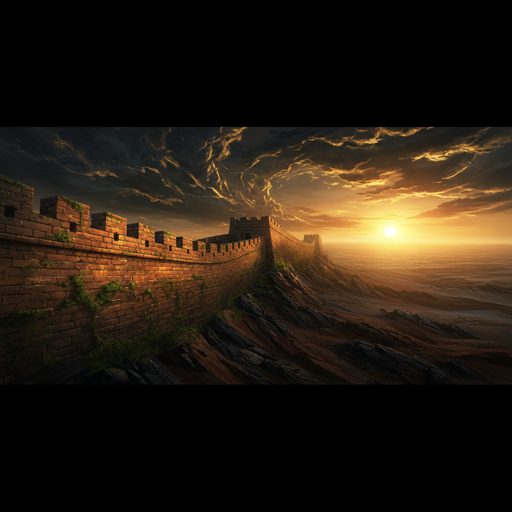 Mệnh Thành Đầu Thổ — tường thành cổ đại kiên cố trong sương sớm