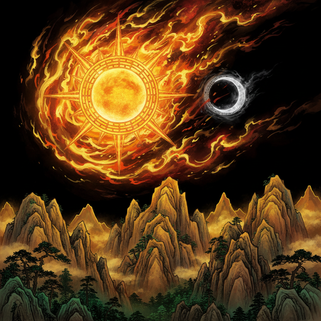 Mệnh Thiên Thượng Hỏa - Ngọn lửa trên bầu trời với mặt trời vàng rực và nhật thực