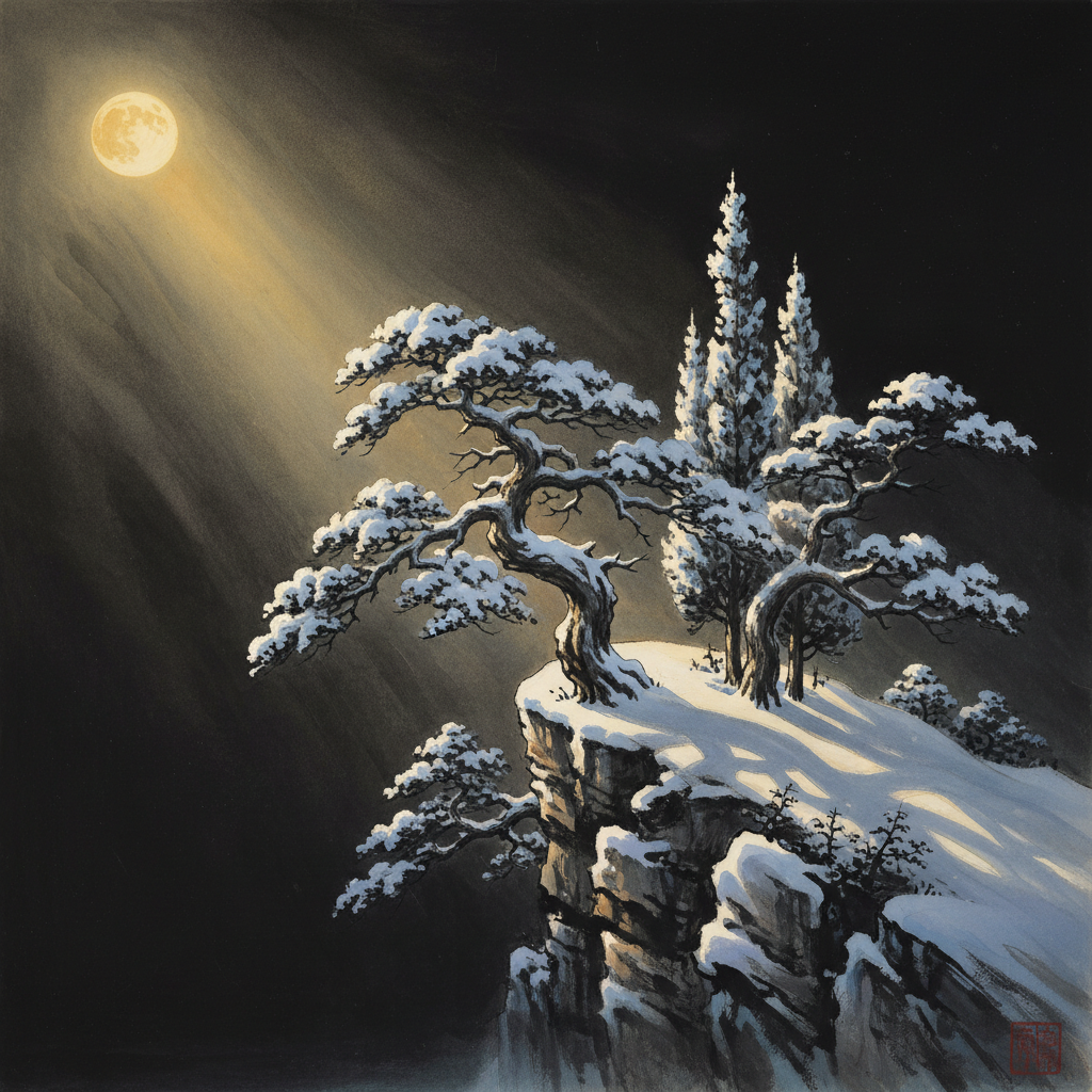 Cây thông và trắc bách diệp kiên cường trong tuyết lạnh tượng trưng mệnh Tùng Bách Mộc