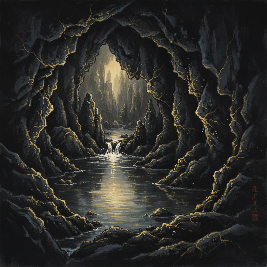 Mệnh Tuyền Trung Thủy — dòng suối trong vắt chảy qua đá cổ, biểu tượng nước ngầm tinh khiết không cạn