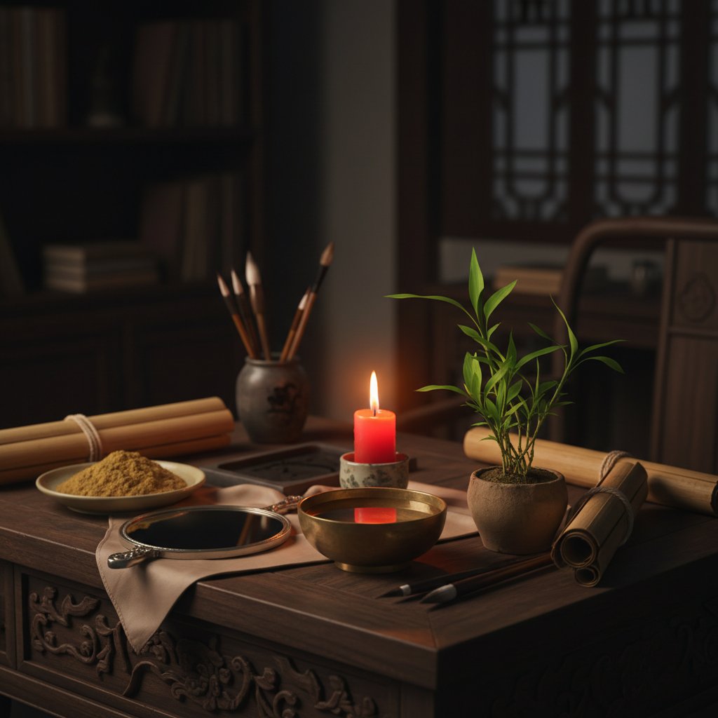 Bàn học cổ với năm vật phẩm tượng trưng Ngũ Hành: bát nước đồng, nến đỏ, cây xanh, gương kim loại, đĩa đất