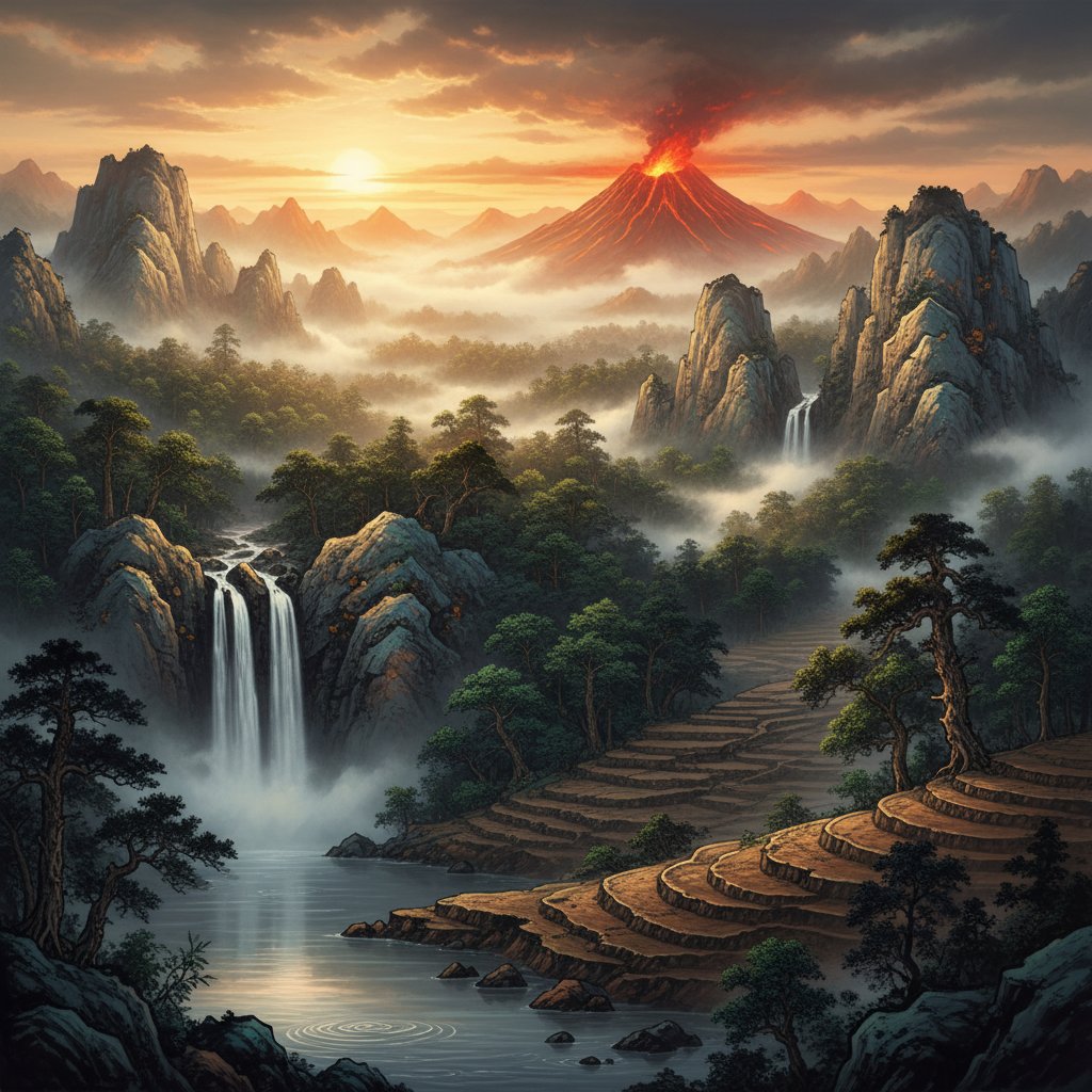 Năm nguyên tố tự nhiên: lửa, nước, cây, kim loại, đất trong phong cảnh huyền bí