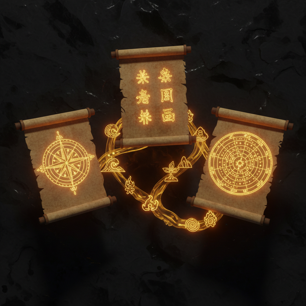 Ba cuộn thư cổ đại đại diện ba hệ thống Phong Thủy, Tứ Trụ và Tử Vi kết nối bởi Ngũ Hành