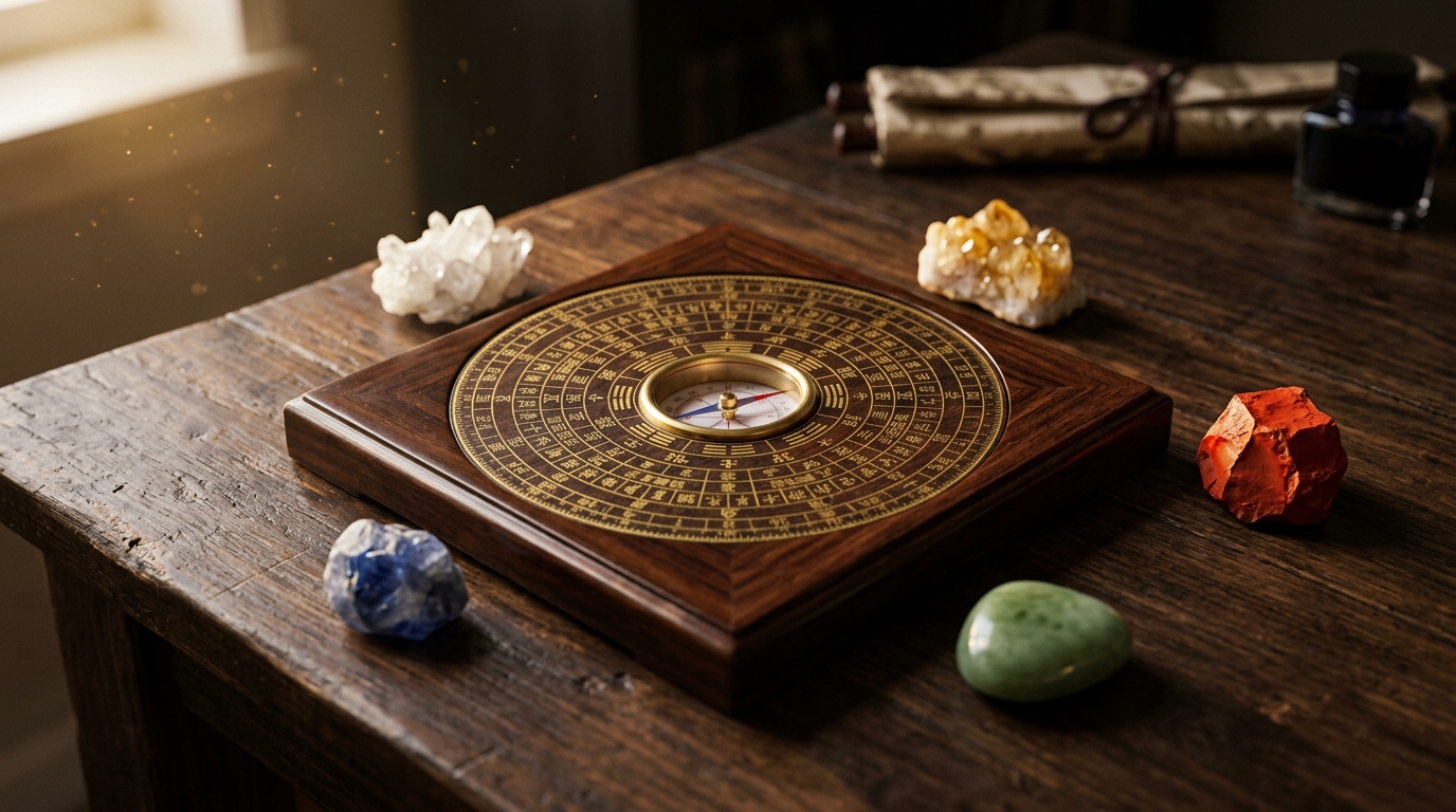 La bàn phong thủy và năm tinh thể đại diện Ngũ Hành trên bàn gỗ