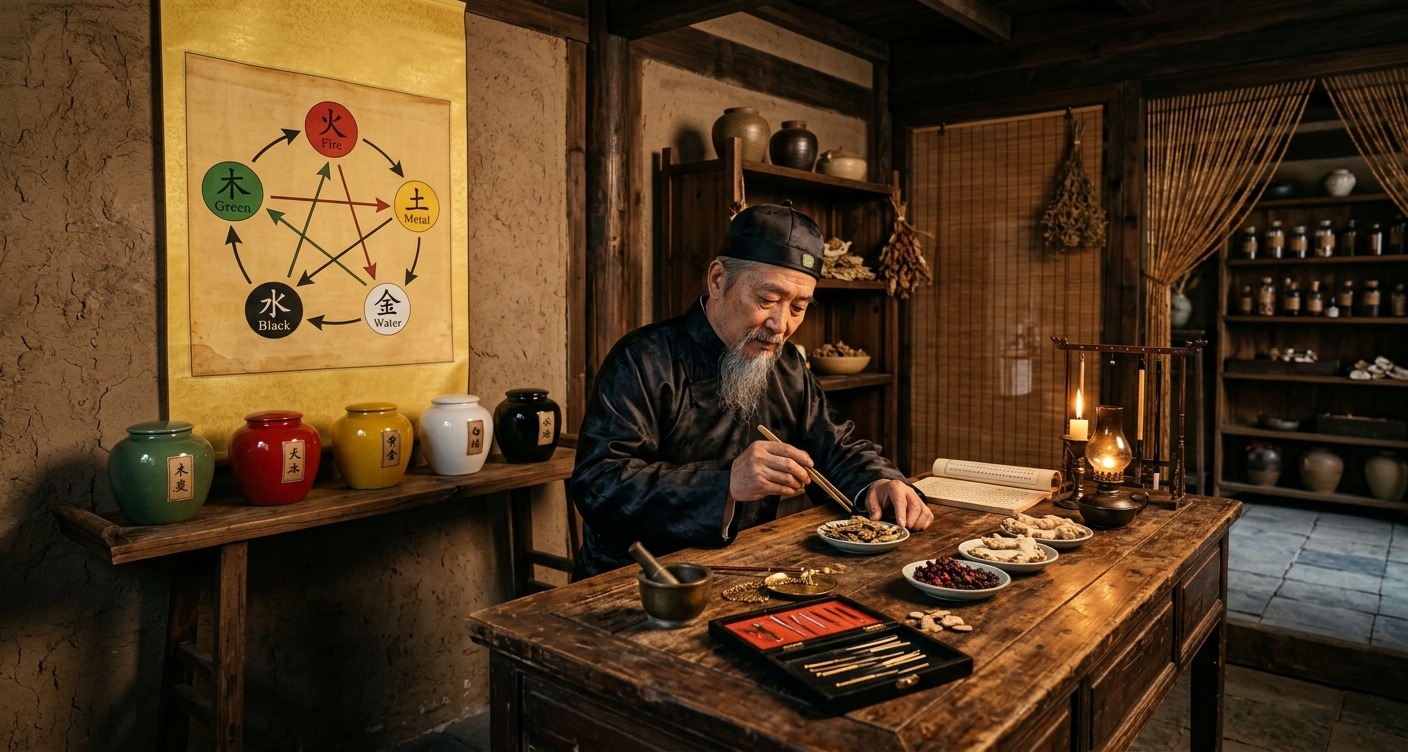 Thầy thuốc Đông y với thảo dược và sơ đồ Ngũ Hành trên tường