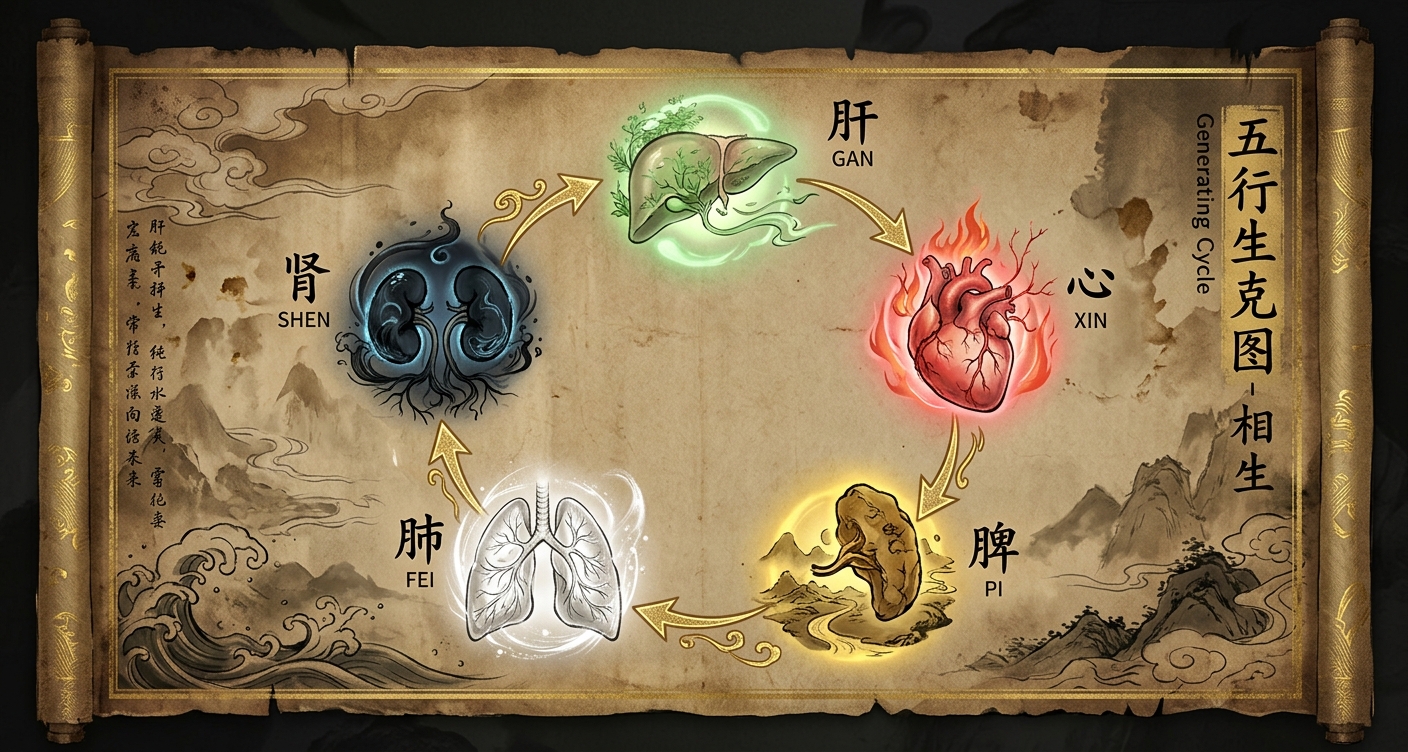 Ngũ tạng minh họa trên giấy da cổ với vòng tương sinh Ngũ Hành