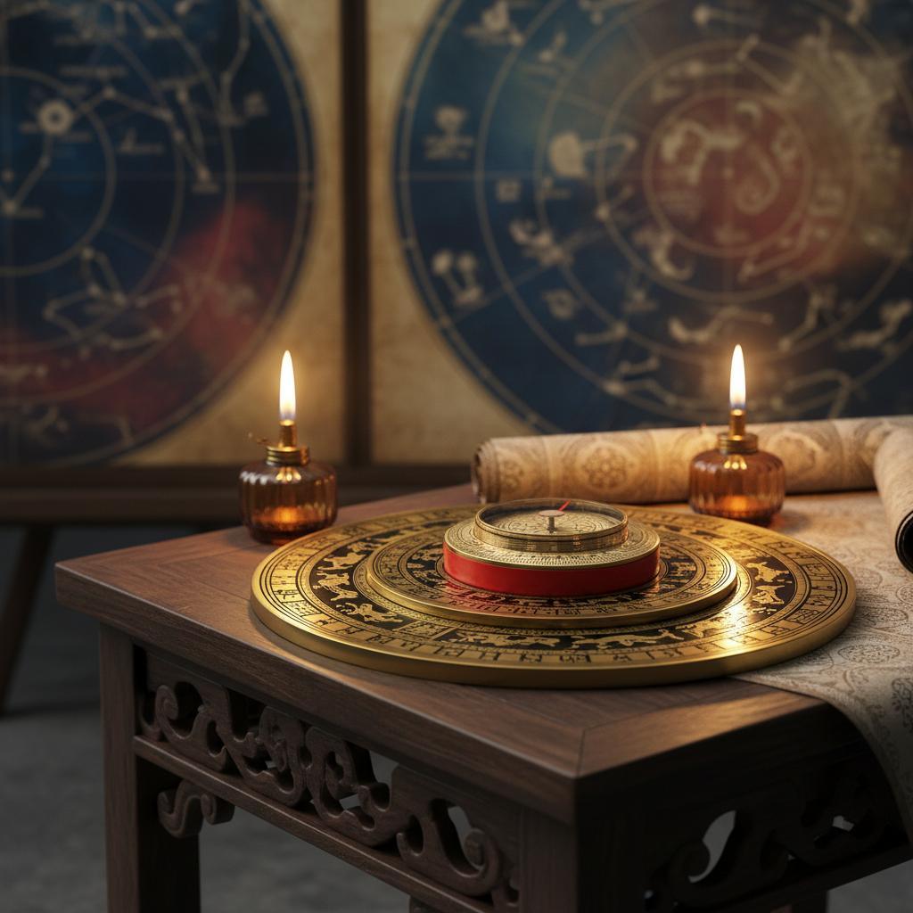 La bàn Luopan phong thủy trên bản đồ cổ với 9 cung