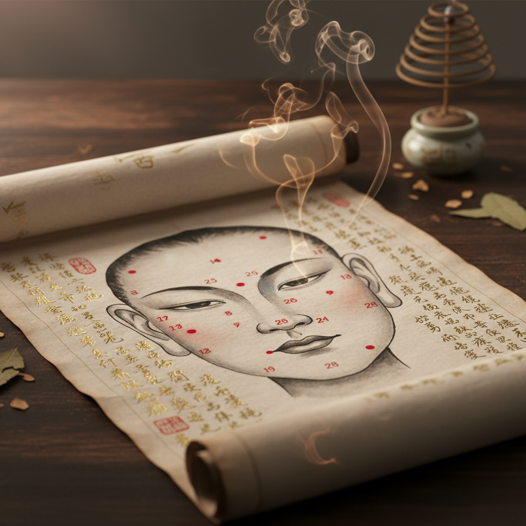 Cuộn giấy cổ Trung Hoa với sơ đồ xem nốt ruồi trên mặt