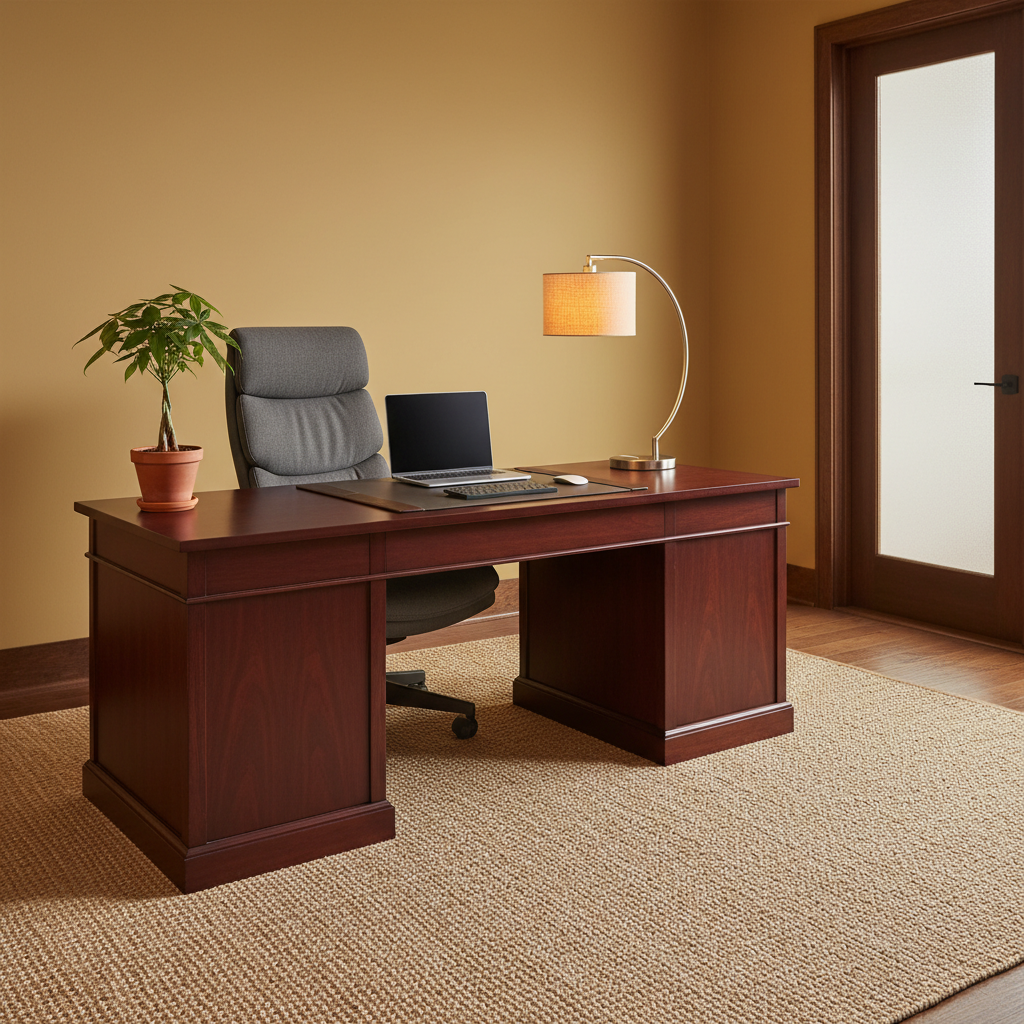 Bàn làm việc phong thủy — lưng tựa tường, cây xanh bên trái, gọn gàng