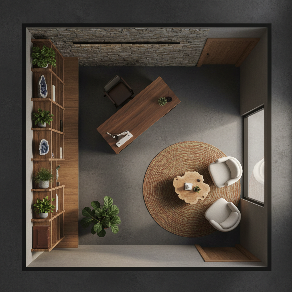 Bố trí bàn làm việc phong thủy nhìn từ trên — lưng tựa tường, mặt nhìn cửa