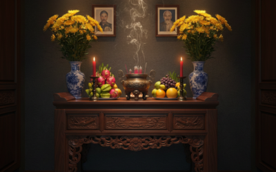 Ban tho gia tien voi bat huong nen hoa cuc vang va trai cay