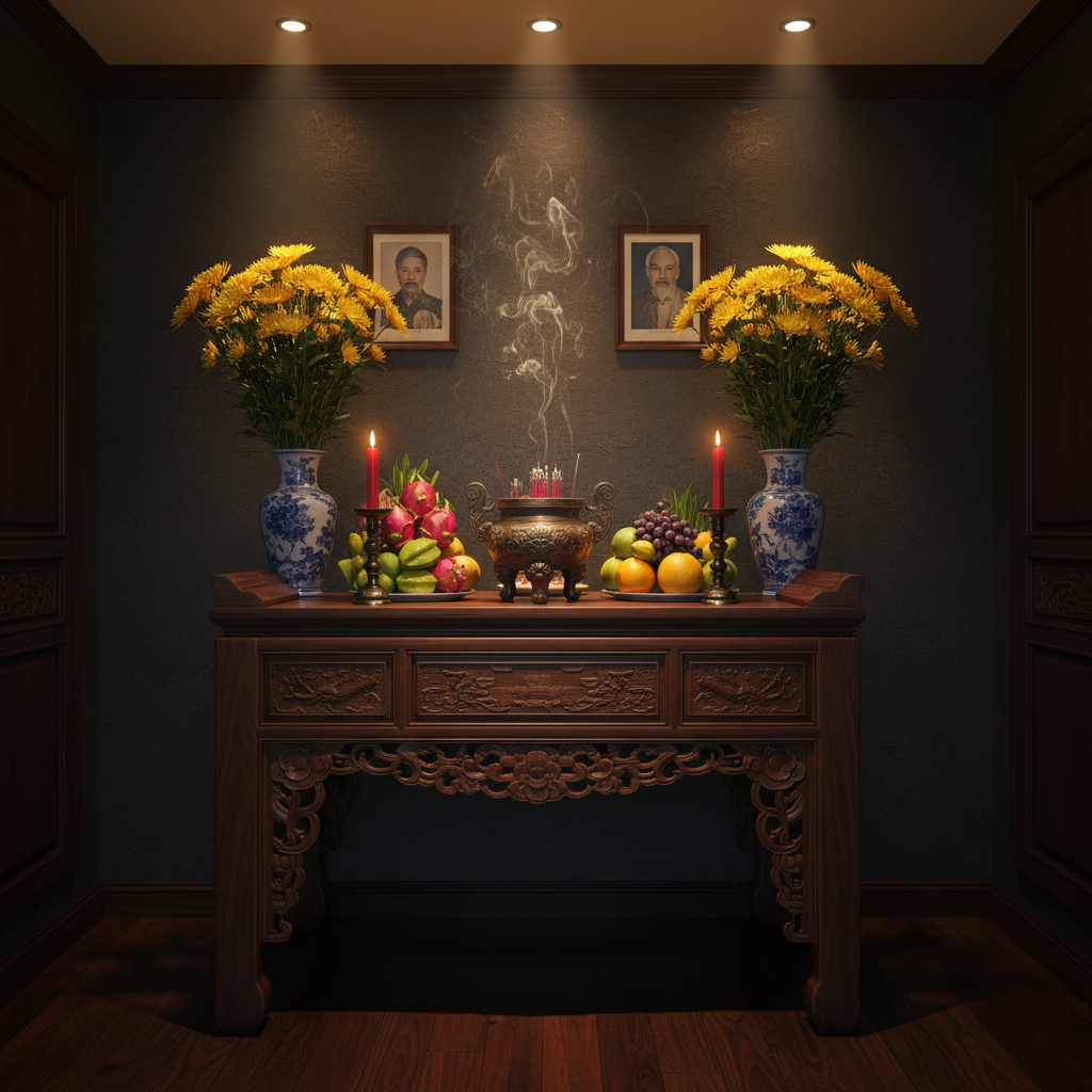 Bàn thờ gia tiên truyền thống Việt Nam với bát hương nến hoa cúc vàng và trái cây