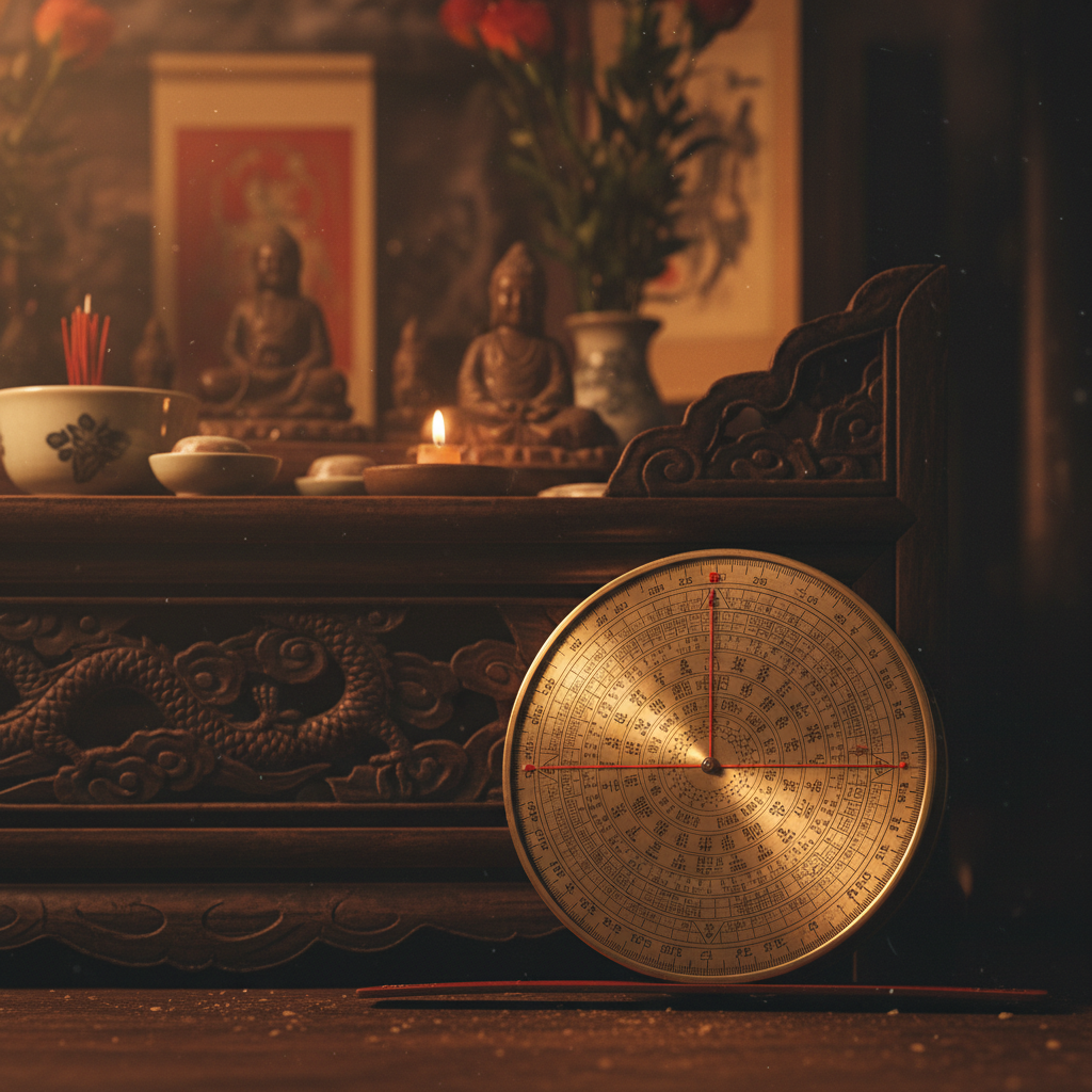 Thước Lỗ Ban bên cạnh bàn thờ gỗ truyền thống