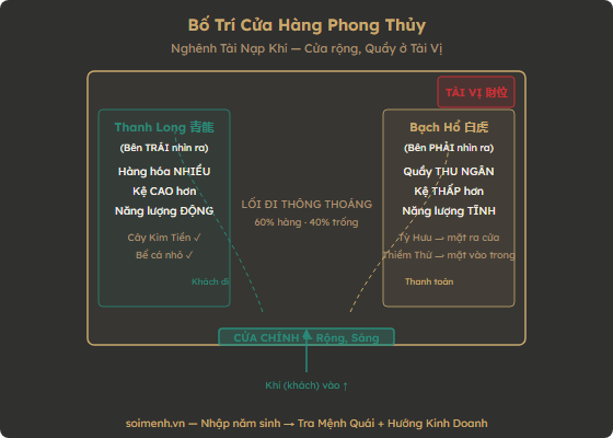 Sơ đồ bố trí cửa hàng phong thủy — Thanh Long Bạch Hổ, Tài Vị, lối đi