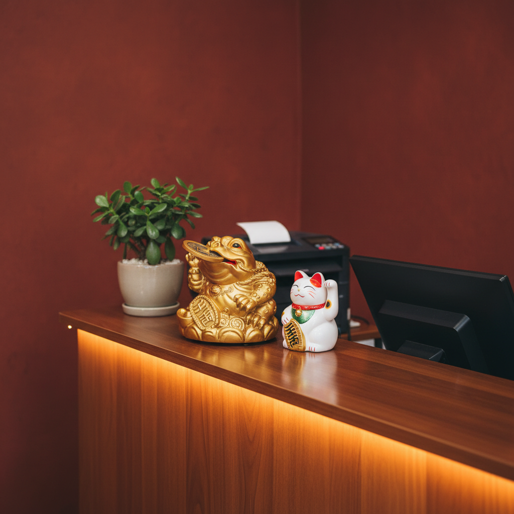 Quầy thu ngân phong thủy với Tỳ Hưu và Thiềm Thừ chiêu tài