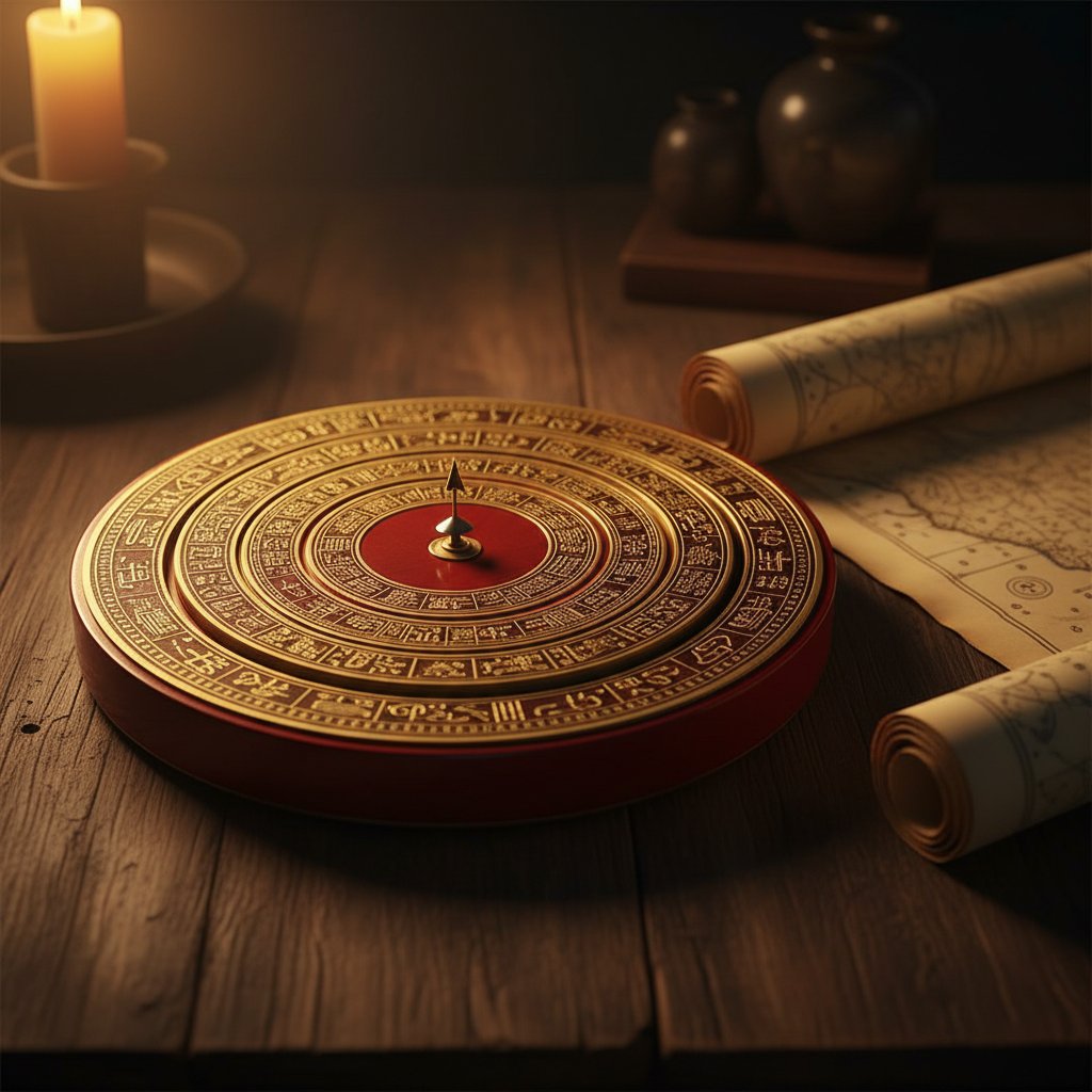 La bàn phong thủy Luopan truyền thống trên bản đồ địa lý cổ