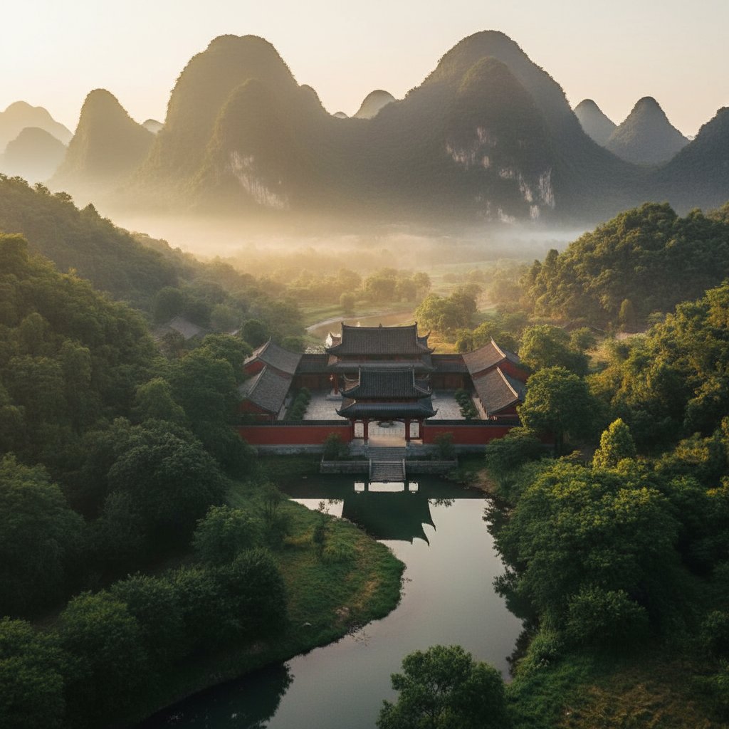 Ngôi nhà cổ Trung Hoa với núi sau lưng, sông trước mặt — thế phong thủy lý tưởng