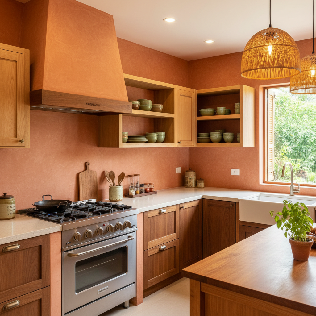 Nhà bếp phong thủy hài hòa — bếp tựa tường, bồn rửa vuông góc, ánh sáng ấm