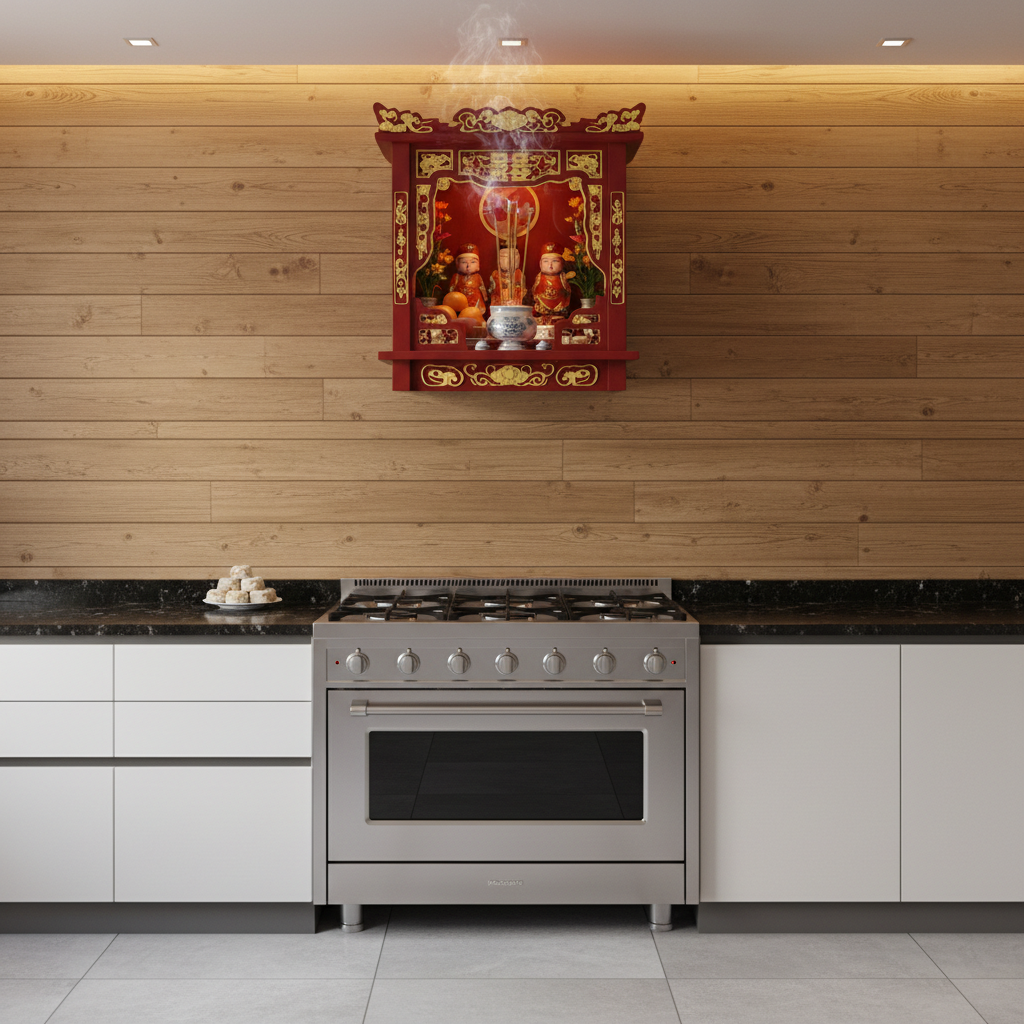 Bàn thờ Táo Quân trong bếp hiện đại — truyền thống kết hợp hiện đại