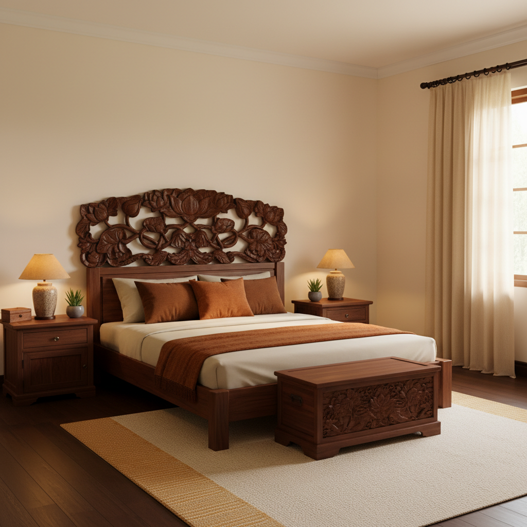 Phòng ngủ phong thủy hài hòa — giường tựa tường, đèn ấm, đối xứng