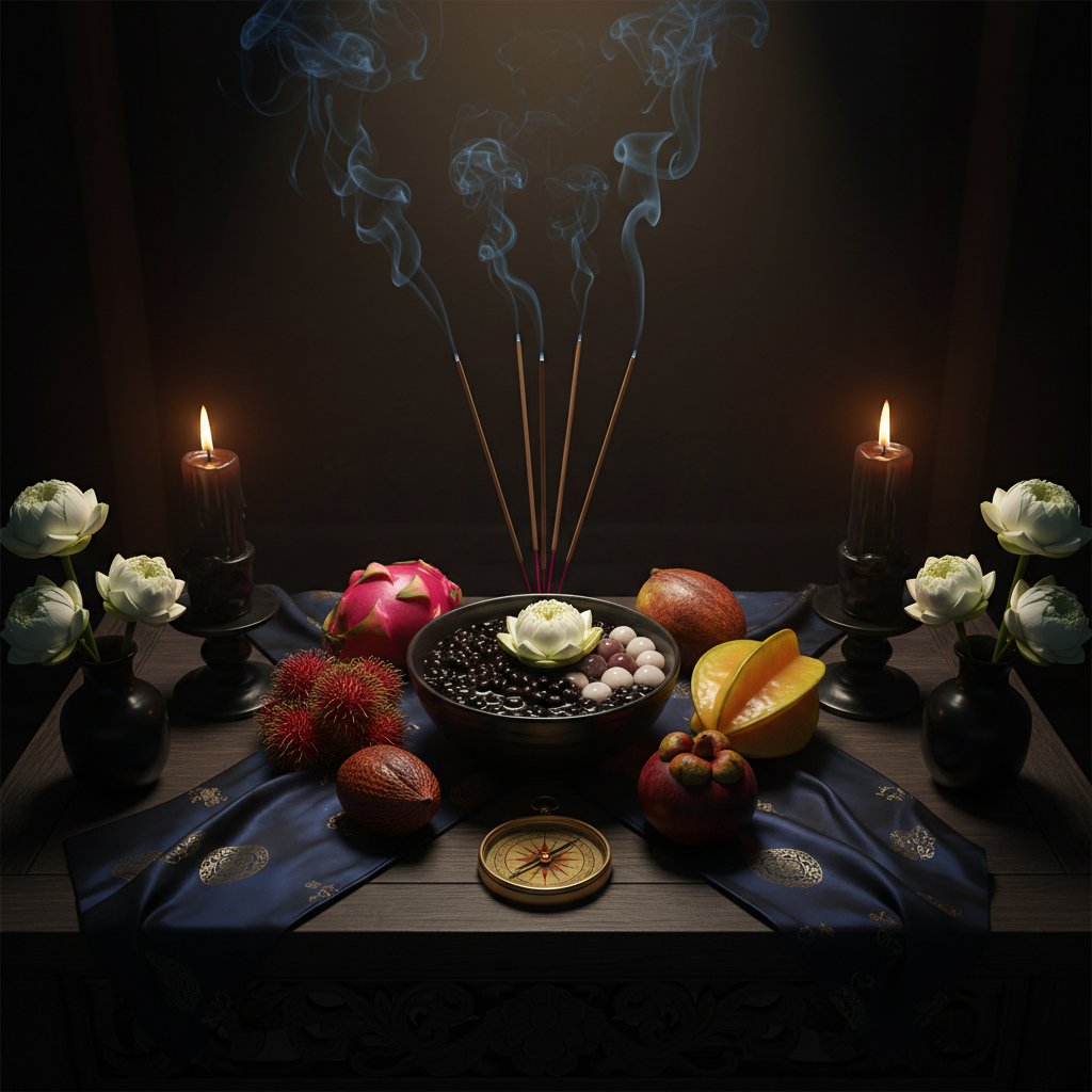 Lễ cúng sao Thủy Diệu — bàn lễ hướng Bắc với nhang, nến và lễ vật hành Thủy