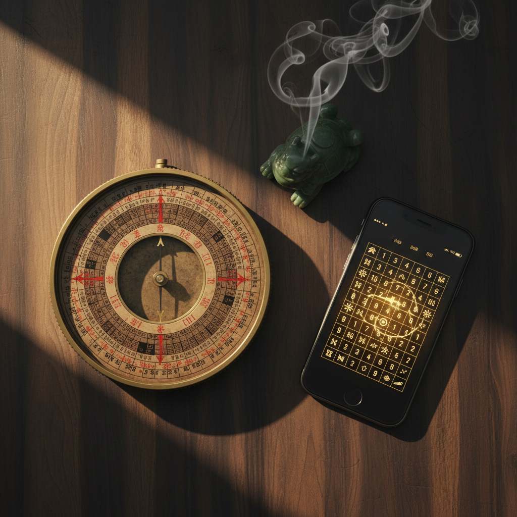 La bàn phong thủy cạnh smartphone — truyền thống gặp hiện đại trong phân tích sim